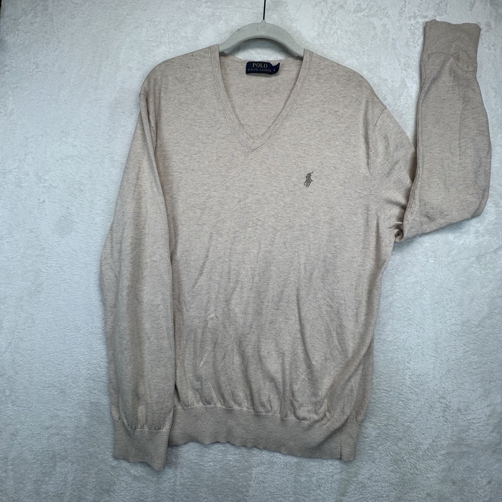 Polo Ralph Lauren Cashmere Blend Sweater Men's‎ L Beige V Neck Fine Knit